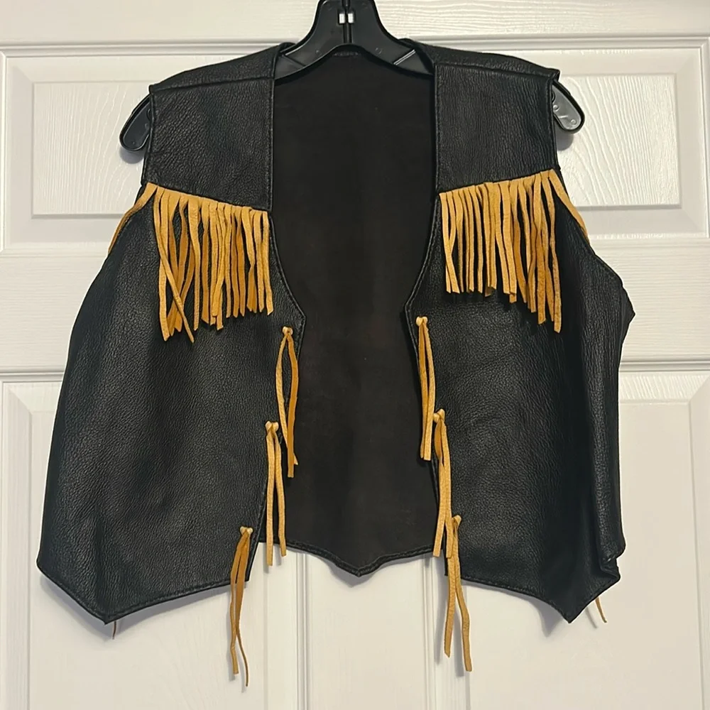 Vintage black leather with gold leather fringe vest. Sz fits Sm/Med - Picture 1 of 7